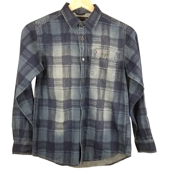 TOMMY Hilfiger Boys Medium 12-14‎ Chambray Plaid Button up Shirt 100% Cotton - Picture 1 of 7